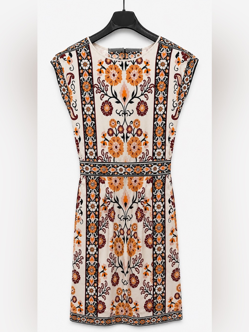 Warehouse Cream Floral Border Mini Dress with POCKETS Mustard and Rust Accents
